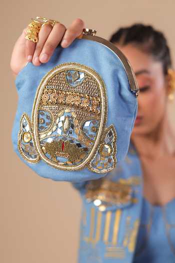 Buy_ASHNA VASWANI_Blue Denim, Silk, Jacquard Open , Sweetheart Hand Painted Jacket Set 