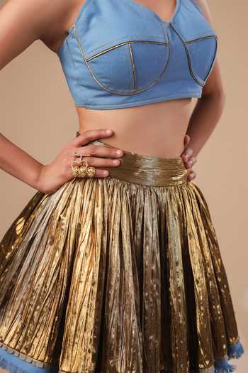 Shop_ASHNA VASWANI_Blue Denim, Silk, Jacquard Open , Sweetheart Hand Painted Jacket Set 