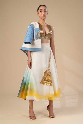 ASHNA VASWANI_Ivory Denim, Kota Doria, Silk, Jacquard Plunge Hand Painted Jacket And Skirt Set _Online_at_Aza_Fashions