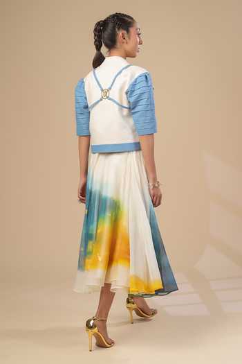Shop_ASHNA VASWANI_Ivory Denim, Kota Doria, Silk, Jacquard Plunge Hand Painted Jacket And Skirt Set _at_Aza_Fashions