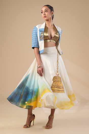 Buy_ASHNA VASWANI_Ivory Denim, Kota Doria, Silk, Jacquard Plunge Hand Painted Jacket And Skirt Set _Online_at_Aza_Fashions