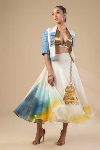 ASHNA VASWANI_Ivory Denim, Kota Doria, Silk, Jacquard Plunge Hand Painted Jacket And Skirt Set _at_Aza_Fashions