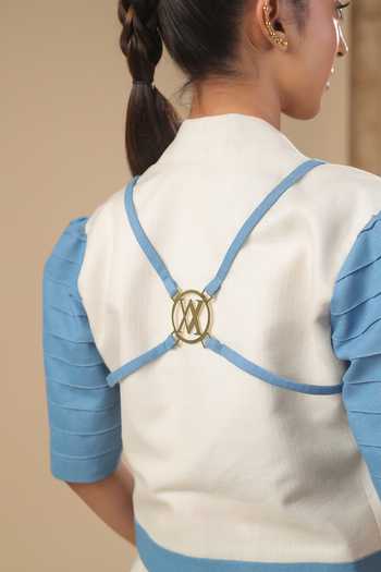 Buy_ASHNA VASWANI_Ivory Denim, Kota Doria, Silk, Jacquard Plunge Hand Painted Jacket And Skirt Set 