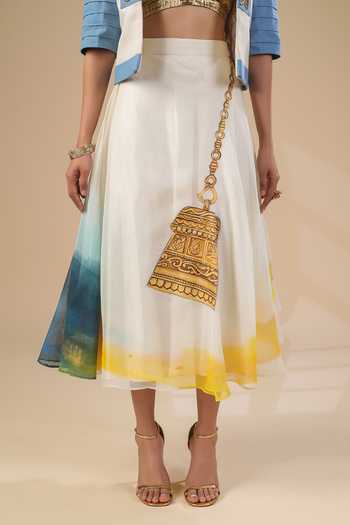 Shop_ASHNA VASWANI_Ivory Denim, Kota Doria, Silk, Jacquard Plunge Hand Painted Jacket And Skirt Set 