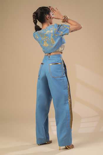 Shop_ASHNA VASWANI_Blue Denim, Silk, Jacquard, Kota Doria Open Neck Hand Painted Jacket And Pant Set _at_Aza_Fashions
