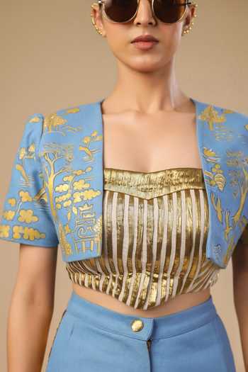 Shop_ASHNA VASWANI_Blue Denim, Silk, Jacquard, Kota Doria Open Neck Hand Painted Jacket And Pant Set _Online_at_Aza_Fashions