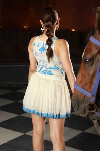 Shop_ASHNA VASWANI_Blue Cotton, Satin, Kota Doria, Denim High Neck Hand Painted Top And Skirt Set _at_Aza_Fashions
