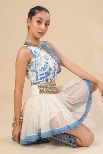 Shop_ASHNA VASWANI_Blue Cotton, Satin, Kota Doria, Denim High Neck Hand Painted Top And Skirt Set _Online_at_Aza_Fashions
