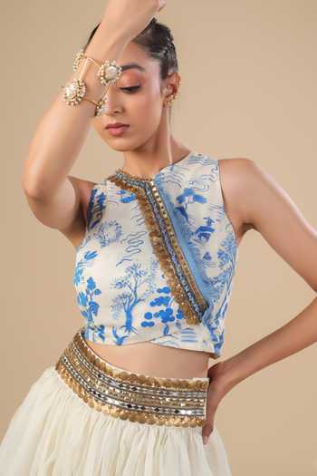 ASHNA VASWANI_Blue Cotton, Satin, Kota Doria, Denim High Neck Hand Painted Top And Skirt Set _at_Aza_Fashions