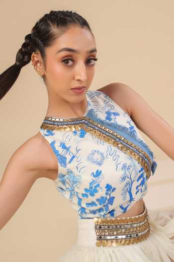 Buy_ASHNA VASWANI_Blue Cotton, Satin, Kota Doria, Denim High Neck Hand Painted Top And Skirt Set 