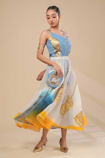 Shop_ASHNA VASWANI_Blue Kota Doria Sleeveless Jumpsuit And Skirt Set _Online_at_Aza_Fashions