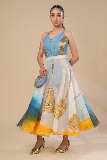 Buy_ASHNA VASWANI_Blue Kota Doria Sleeveless Jumpsuit And Skirt Set _at_Aza_Fashions