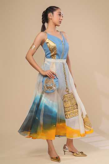 ASHNA VASWANI_Blue Kota Doria Sleeveless Jumpsuit And Skirt Set _at_Aza_Fashions