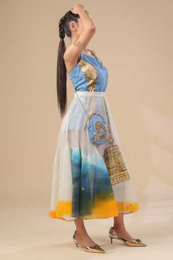 Shop_ASHNA VASWANI_Blue Kota Doria Sleeveless Jumpsuit And Skirt Set _at_Aza_Fashions