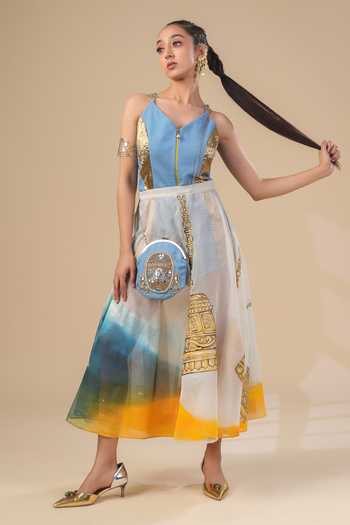 Buy_ASHNA VASWANI_Blue Kota Doria Sleeveless Jumpsuit And Skirt Set 