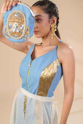 Shop_ASHNA VASWANI_Blue Kota Doria Sleeveless Jumpsuit And Skirt Set 
