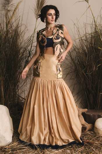 Buy_ASHNA VASWANI_Blue Denim, Chanderi Open , Square 3d Handwork And Lehenga Set _at_Aza_Fashions