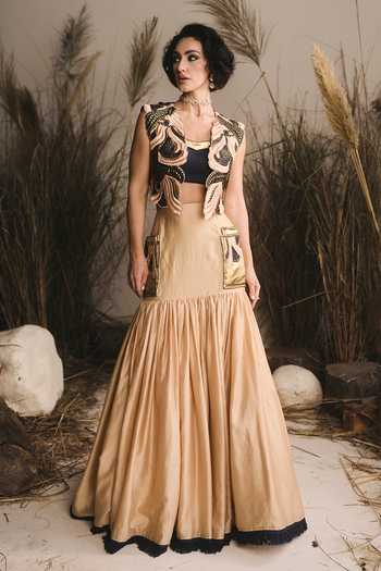 Shop_ASHNA VASWANI_Blue Denim, Chanderi Open , Square 3d Handwork And Lehenga Set _Online_at_Aza_Fashions