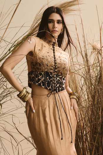 ASHNA VASWANI_Beige Chanderi Silk Sequins, Beads, Cut Work, Embellished Corset And Lehenga Set _Online_at_Aza_Fashions