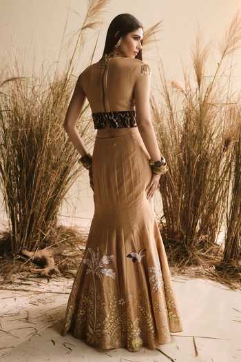 Shop_ASHNA VASWANI_Beige Chanderi Silk Sequins, Beads, Cut Work, Embellished Corset And Lehenga Set _at_Aza_Fashions