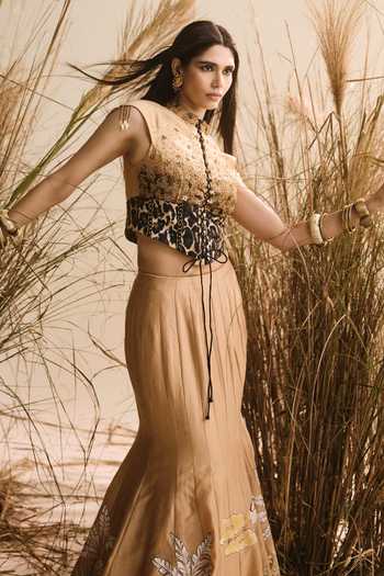 Shop_ASHNA VASWANI_Beige Chanderi Silk Sequins, Beads, Cut Work, Embellished Corset And Lehenga Set _Online_at_Aza_Fashions