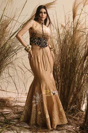 ASHNA VASWANI_Beige Chanderi Silk Sequins, Beads, Cut Work, Embellished Corset And Lehenga Set _at_Aza_Fashions
