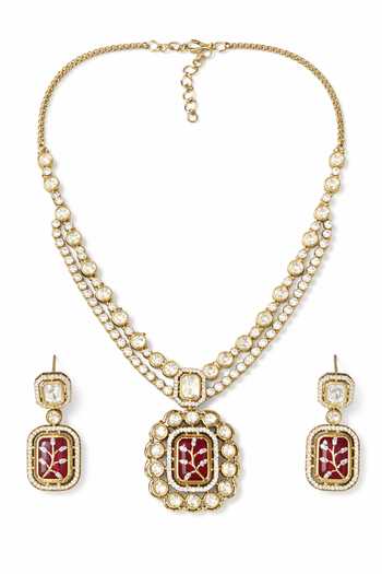 Shop_Prestones_Gold Plated Zirconia Embellished Pendant Necklace Set _at_Aza_Fashions