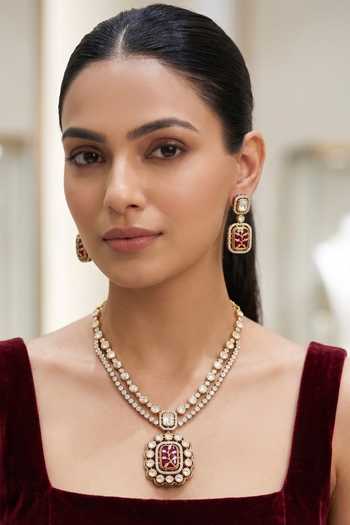 Buy_Prestones_Gold Plated Zirconia Embellished Pendant Necklace Set _at_Aza_Fashions