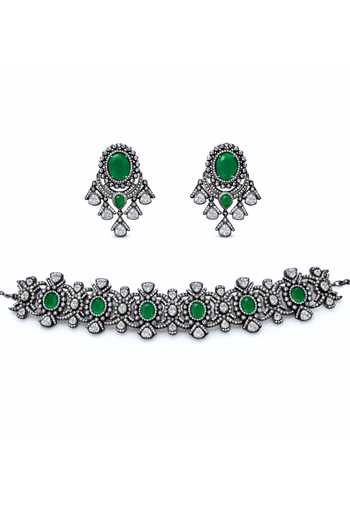 Prestones_Green Zirconia Embellished Necklace Set _Online_at_Aza_Fashions