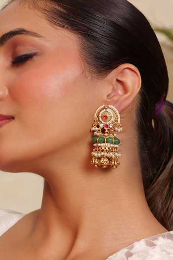 Prestones_Green Bead Embellished Jhumka Earrings _Online_at_Aza_Fashions