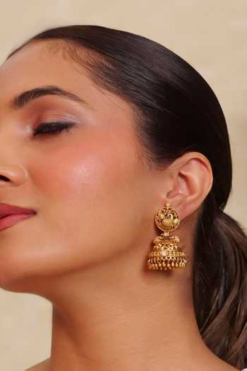 Prestones_Gold Plated Kundan Embellished Jhumka Earrings _Online_at_Aza_Fashions