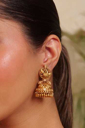 Buy_Prestones_Gold Plated Kundan Embellished Jhumka Earrings _Online_at_Aza_Fashions