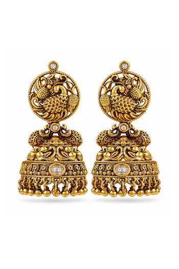 Shop_Prestones_Gold Plated Kundan Embellished Jhumka Earrings _at_Aza_Fashions