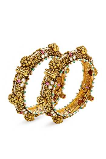 Shop_Prestones_Multi Color Floral Temple Motif Bangles - Set Of 2 _at_Aza_Fashions