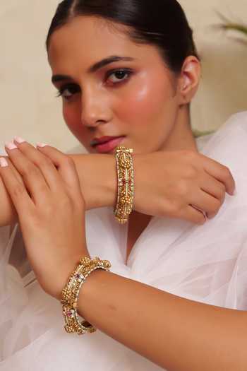 Buy_Prestones_Multi Color Floral Temple Motif Bangles - Set Of 2 _at_Aza_Fashions