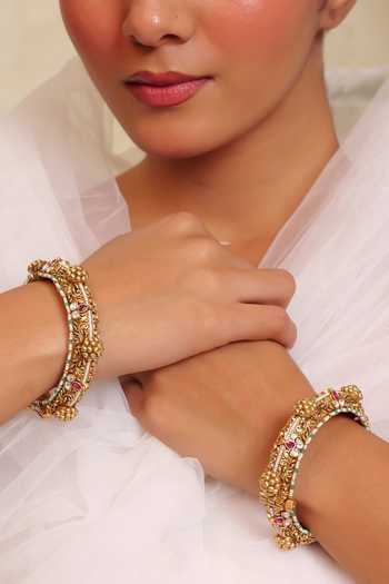 Prestones_Multi Color Floral Temple Motif Bangles - Set Of 2 _Online_at_Aza_Fashions