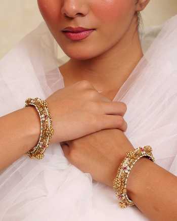 Buy_Prestones_Multi Color Floral Temple Motif Bangles - Set Of 2 _Online_at_Aza_Fashions