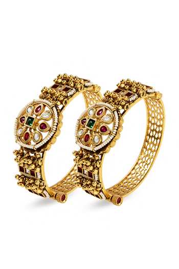 Shop_Prestones_Gold Plated Kundan Floral Embellished Bangles - Set Of 2 _at_Aza_Fashions