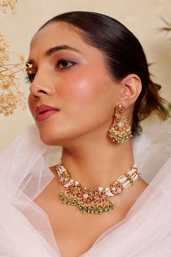 Prestones_Green Kundan Embellished Necklace Set _Online_at_Aza_Fashions