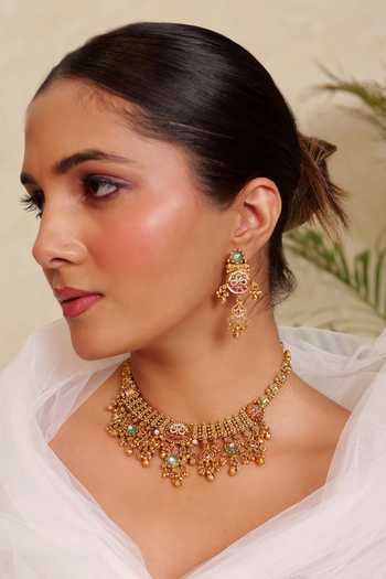 Prestones_Gold Plated Stone Embellished Necklace Set _Online_at_Aza_Fashions