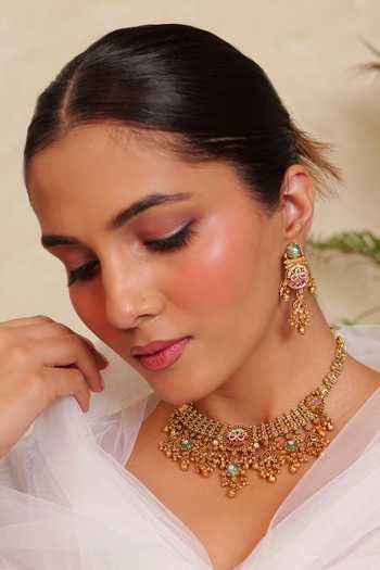 Buy_Prestones_Gold Plated Stone Embellished Necklace Set _Online_at_Aza_Fashions