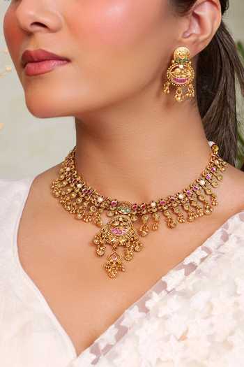 Prestones_Green Kundan Embellished Necklace Set _Online_at_Aza_Fashions