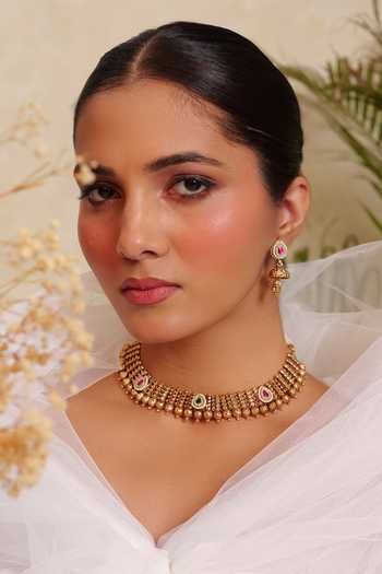 Prestones_Gold Plated Antique Temple Work Necklace Set _Online_at_Aza_Fashions