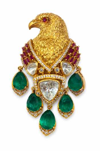 Shop_Prestones_Gold Matte Gold-plated Polki Brooch With Emerald Drops _at_Aza_Fashions