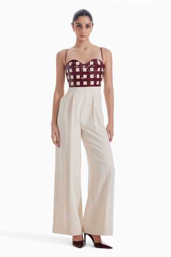 Buy_Sameer Madan_Cream Crepe Sweetheart Neck Luxury Burgundy Grid-cut Bodice Wide-leg Jumpsuit _at_Aza_Fashions