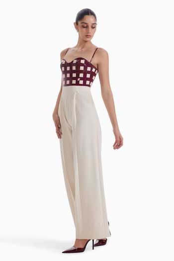 Shop_Sameer Madan_Cream Crepe Sweetheart Neck Luxury Burgundy Grid-cut Bodice Wide-leg Jumpsuit _at_Aza_Fashions