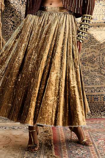 Buy_ASHNA VASWANI_Gold Silk, Jacquard Sweetheart Neck Metallic Bustier And Skirt Set _Online_at_Aza_Fashions