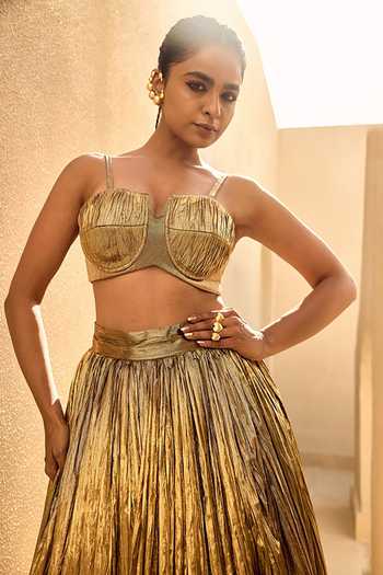 Shop_ASHNA VASWANI_Gold Silk, Jacquard Sweetheart Neck Metallic Bustier And Skirt Set _at_Aza_Fashions