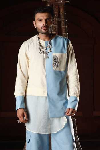Buy_ASHNA VASWANI_Blue Handloom Cotton, Denim Colorblock Kurta And Pant Set _Online_at_Aza_Fashions