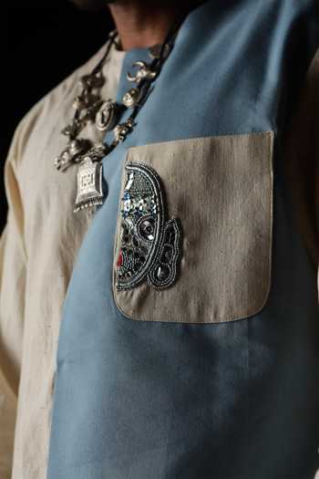 Shop_ASHNA VASWANI_Blue Handloom Cotton, Denim Colorblock Kurta And Pant Set _Online_at_Aza_Fashions